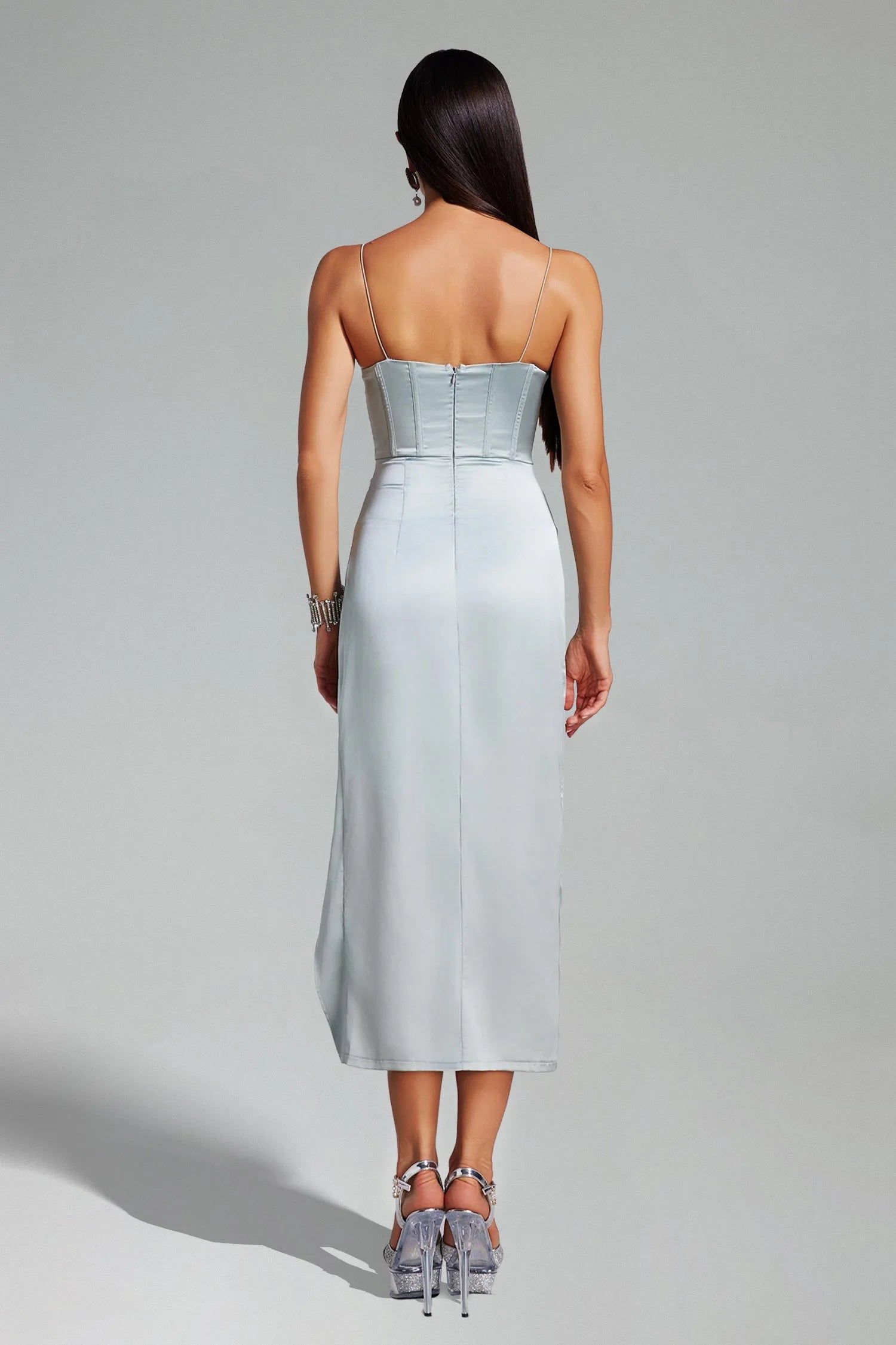 Robe Weitese sans manches, bustier, en satin, à fines bretelles, longueur thé, robe de bal avec fente haute